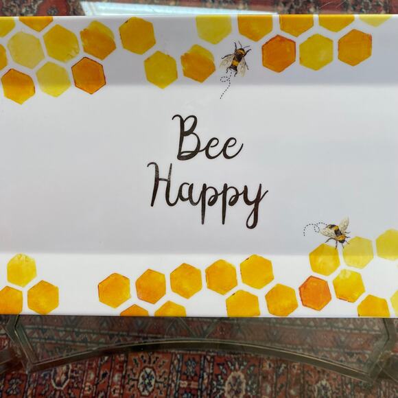 Shabby Chic “Bee Happy” Yellow & Gold on White Melamine Tray ~19”x8”‎ - Picture 2 of 5